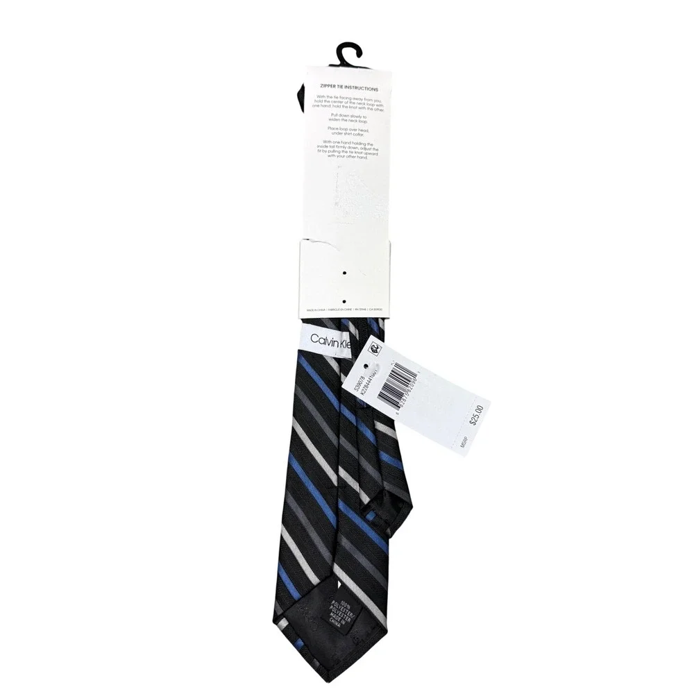 Calvin Klein Boys Zipper Tie Striped Pre-Tied Necktie 14 Inch NWT J2